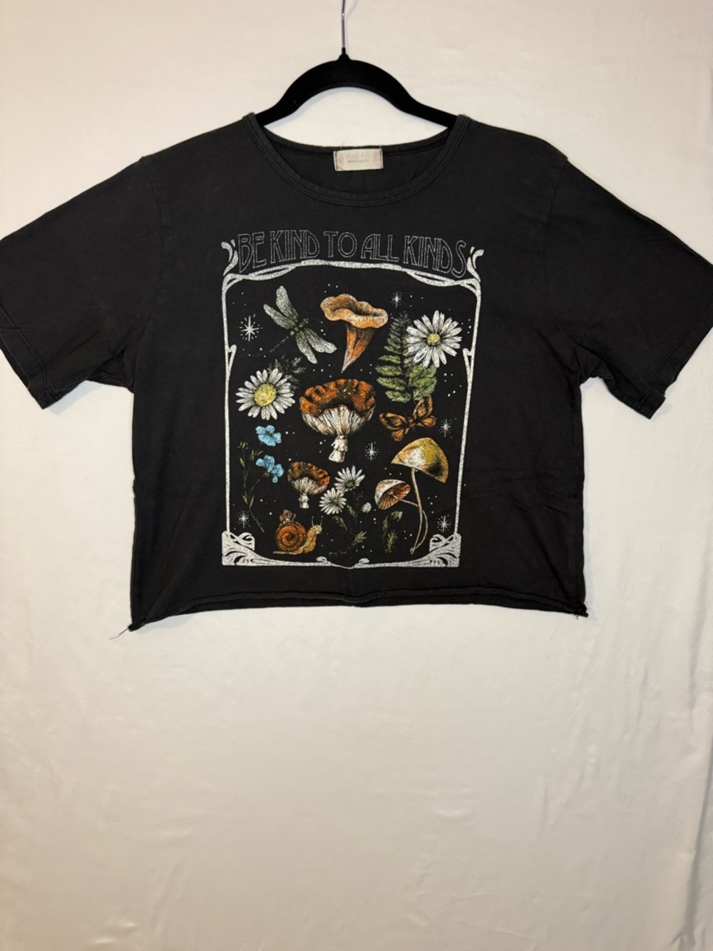 Altar'd State Black Graphic Crop Tee with Floral & Mushroom Motif